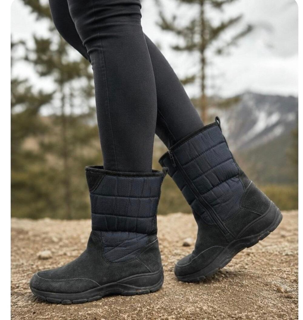 Lands' End Black Quilted Suede All Weather Mid-Calf Zip Boots Size 10 B